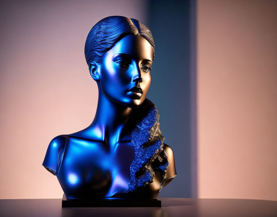 Stylized female mannequin bust in glossy blue with textured scarf on shoulder