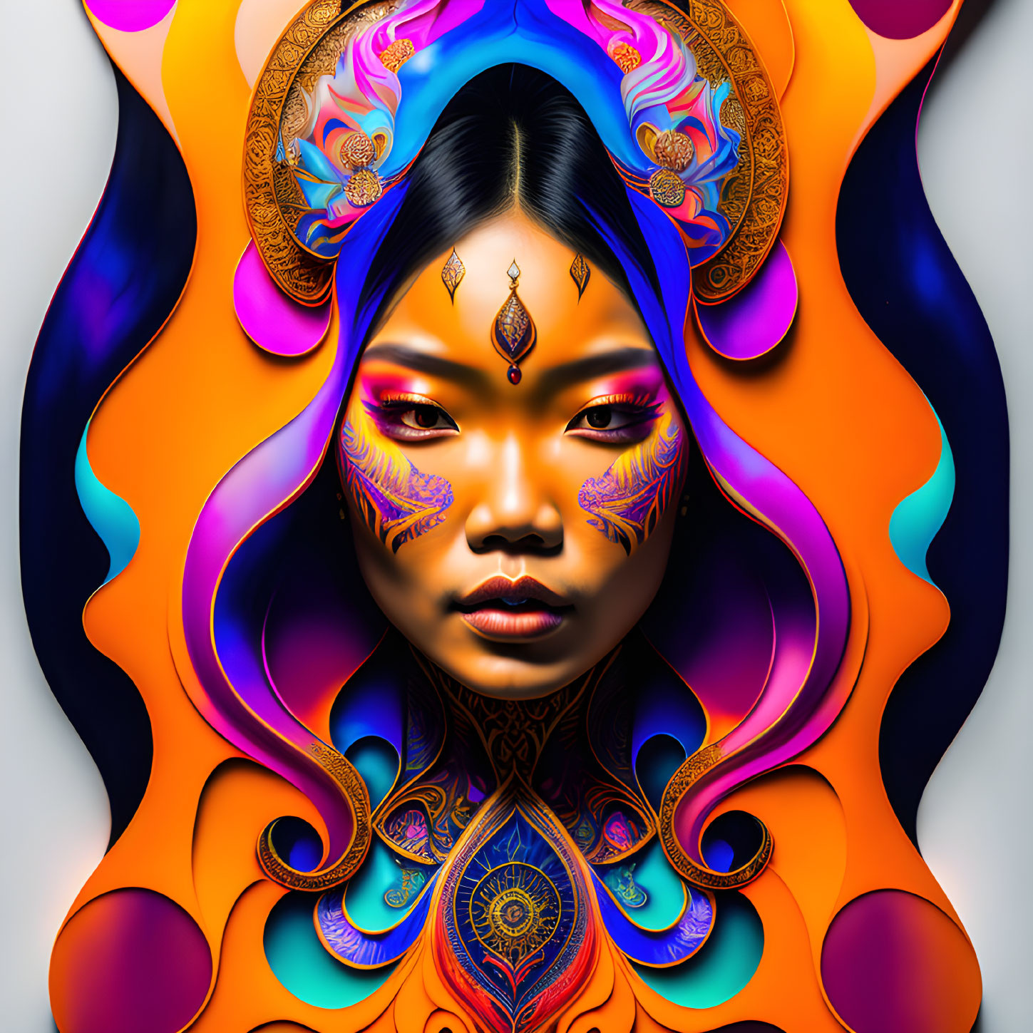 Vivid digital artwork of woman with orange and blue face paint