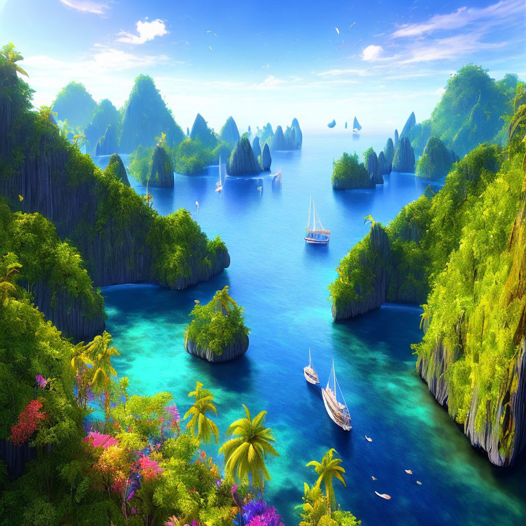 Tropical Seascape with Green Islands and Sailboats