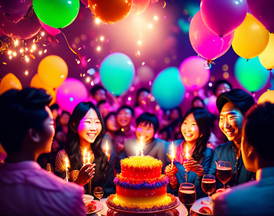 Colorful Birthday Party with Sparklers, Cake, Balloons, and Smiles