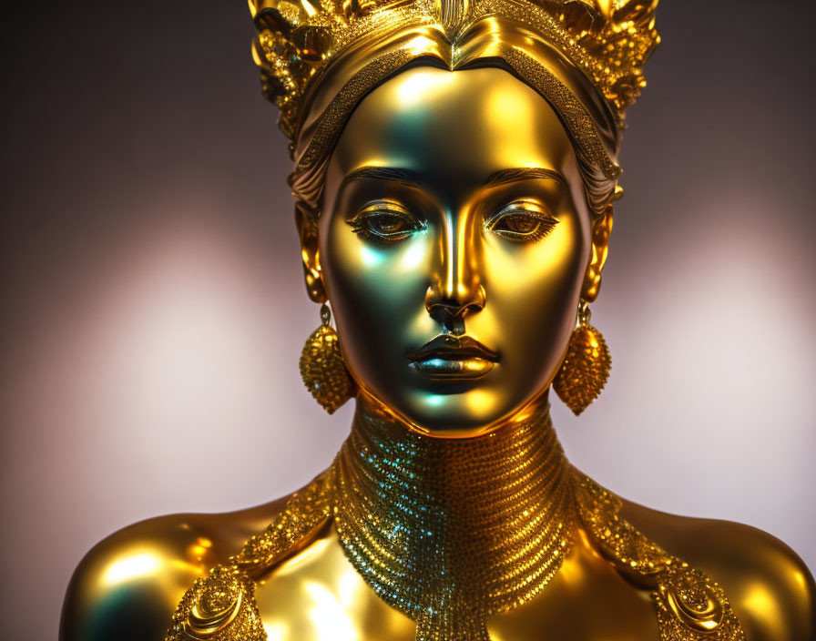 Golden bust of a woman with intricate headgear and jewelry on soft gradient background