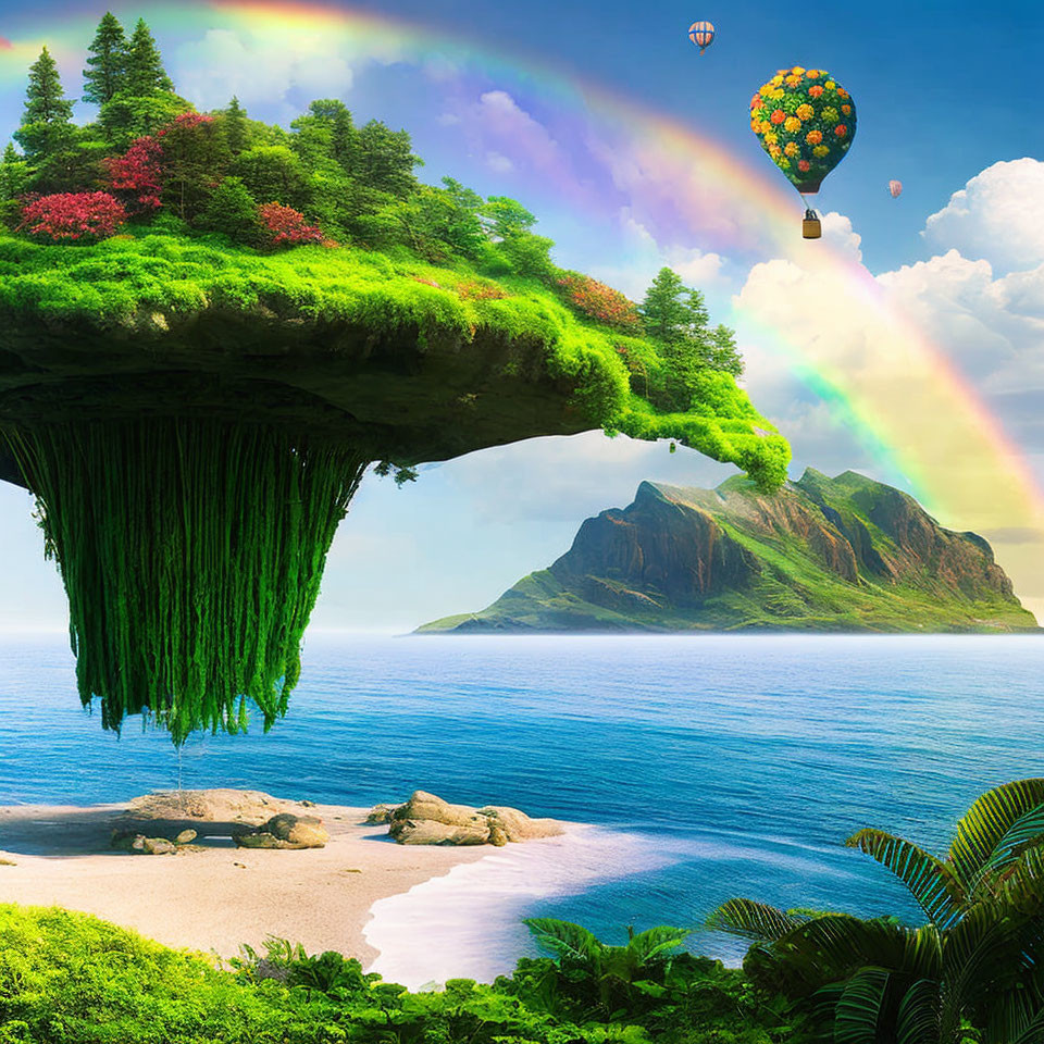 Fantastical floating island with lush greenery, waterfall, rainbow, and hot air balloon