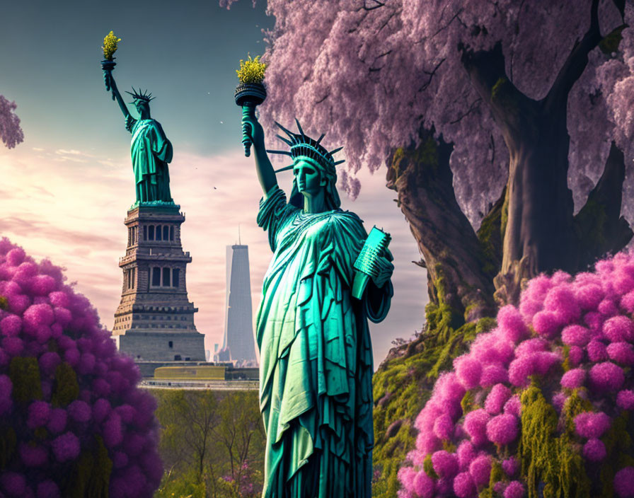 Iconic Statue of Liberty with pink cherry blossoms and sky