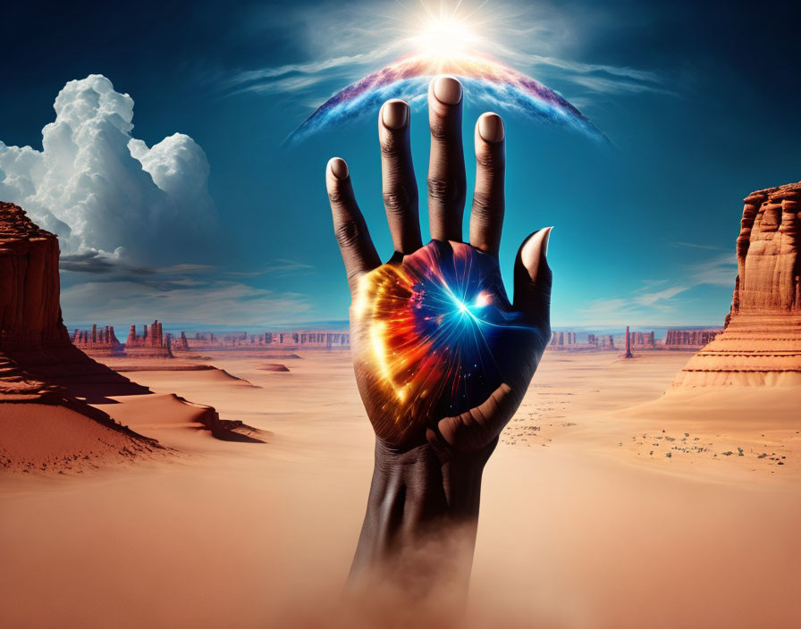 Surreal image: hand reaching celestial spectacle in desert