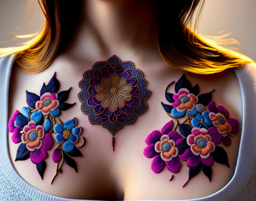 Intricate Multicolored Floral Chest Tattoo with Auburn-Highlighted Hair