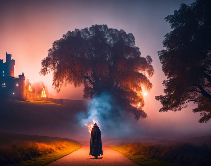 Mysterious cloaked figure with torch on foggy path at dusk