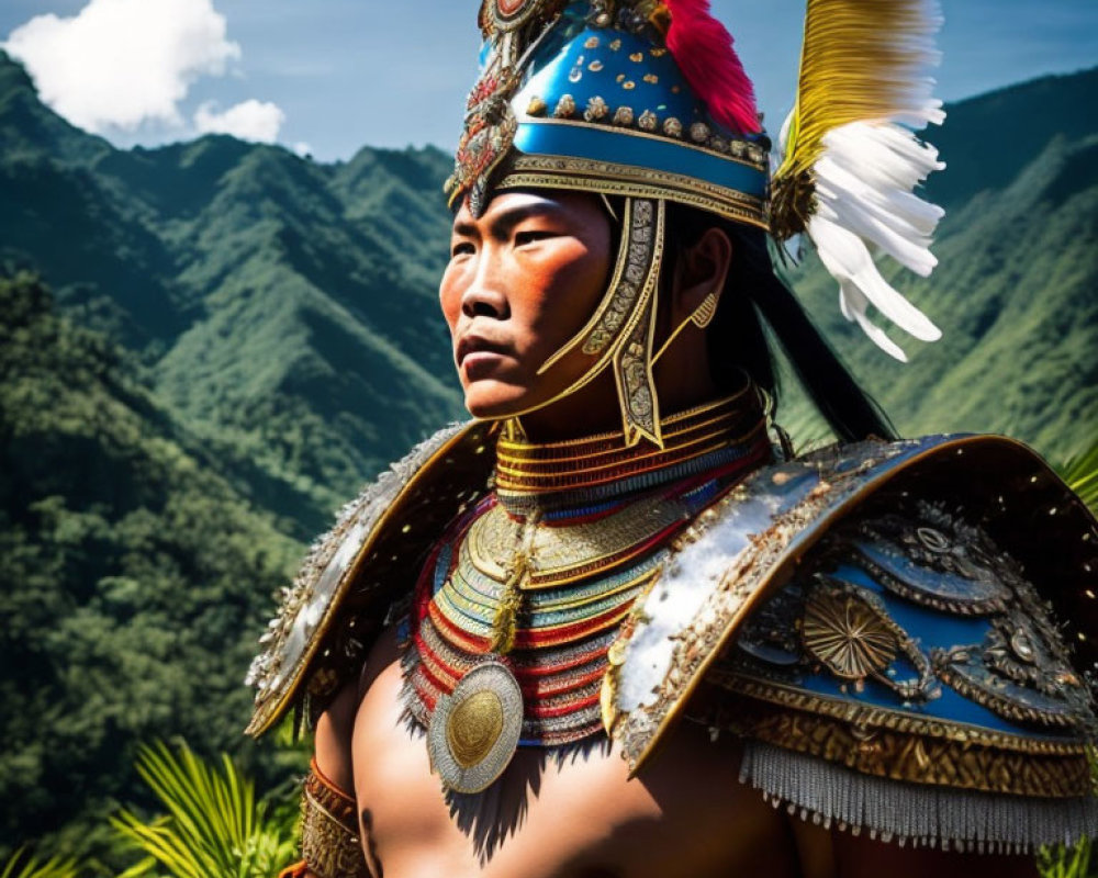 Elaborate traditional armor with feathers and beads against lush green mountains