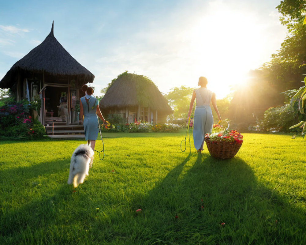 Women walking to thatched-roof hut in green field at sunset.