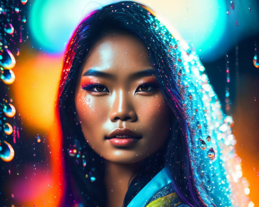 Portrait of Woman with Sparkling Glitter Makeup and Colorful Bokeh Lights