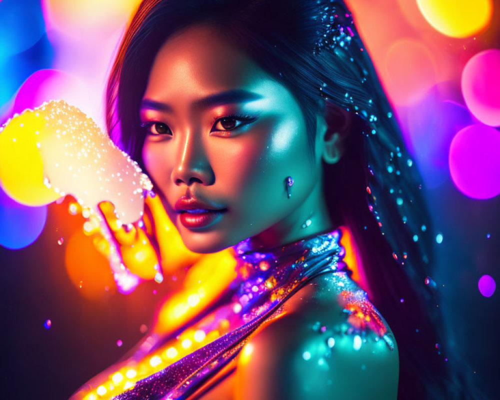 Colorful neon-lit setting featuring woman with glowing makeup holding luminous object