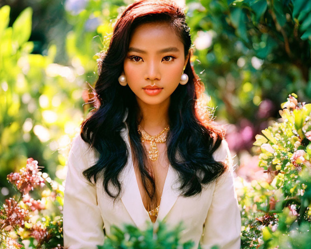 Young woman with dark hair in white blazer surrounded by greenery