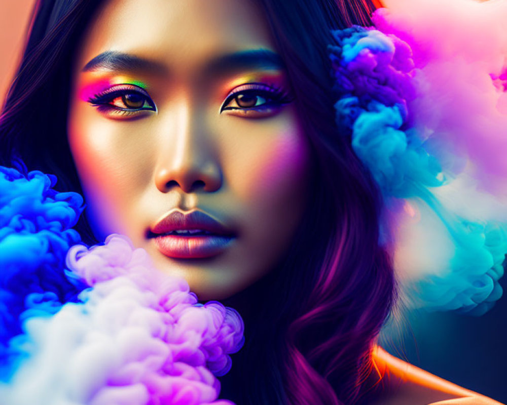 Colorful Smoky Clouds Surround Woman's Striking Makeup