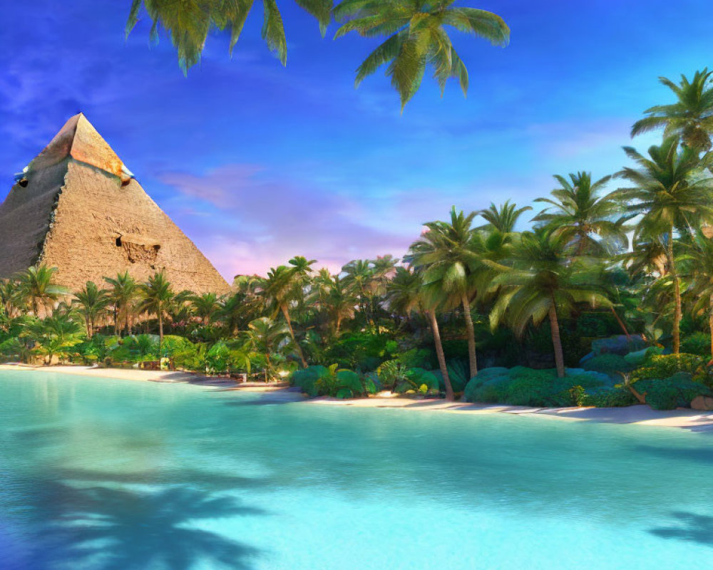 Tropical Beach with Palm Trees and Great Pyramid View