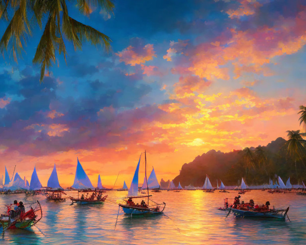 Vivid tropical beach sunset with sailboats and palm trees