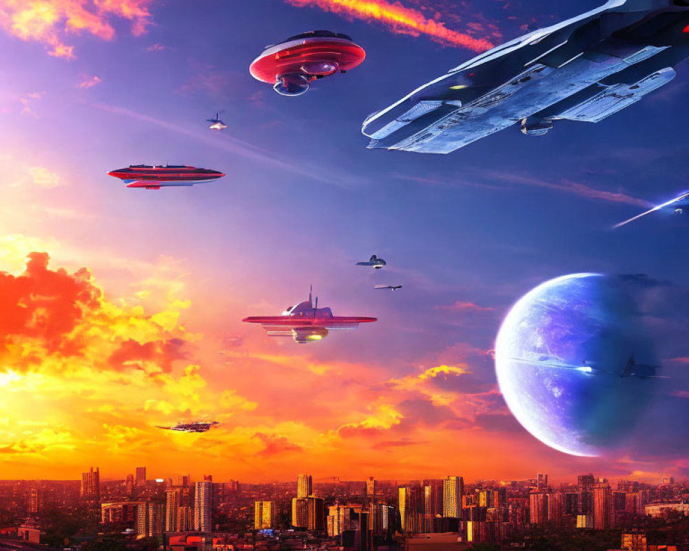 Futuristic sci-fi cityscape with flying ships and large planet in dramatic dusk sky