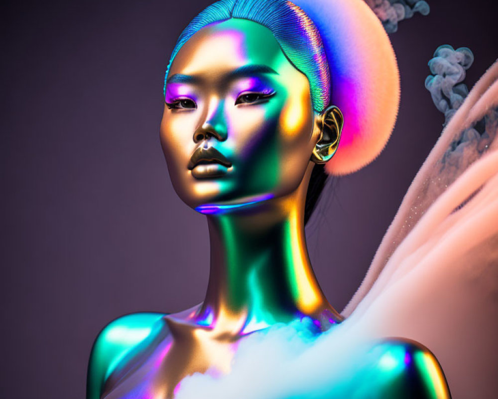 Futuristic 3D render of woman with iridescent skin and puff hairstyle