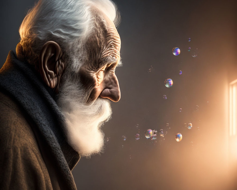 White-bearded elderly man gazes at light with floating bubbles.