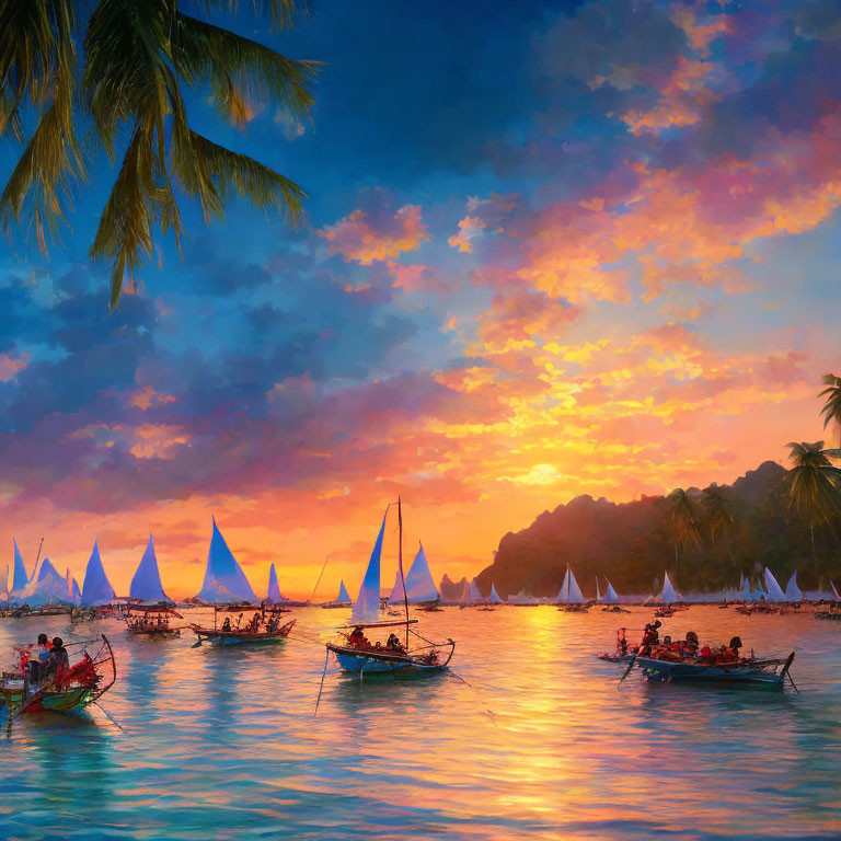 Vivid tropical beach sunset with sailboats and palm trees