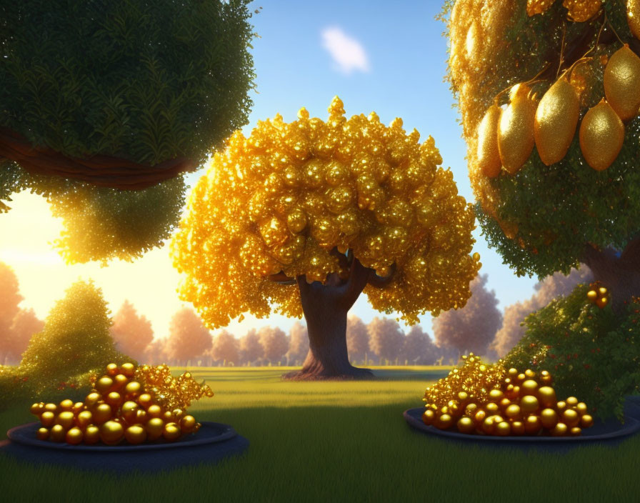 Lush meadow with glowing golden orbs on tree and bushes