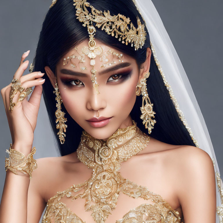 Elaborate Gold Jewelry and Dramatic Makeup on Woman