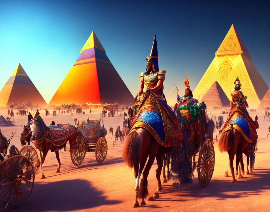 Ancient Egyptian attire horse-drawn chariots near Great Pyramids