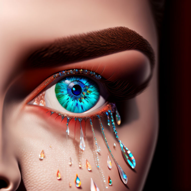 Vibrant blue human eye with crystal-like teardrops close-up