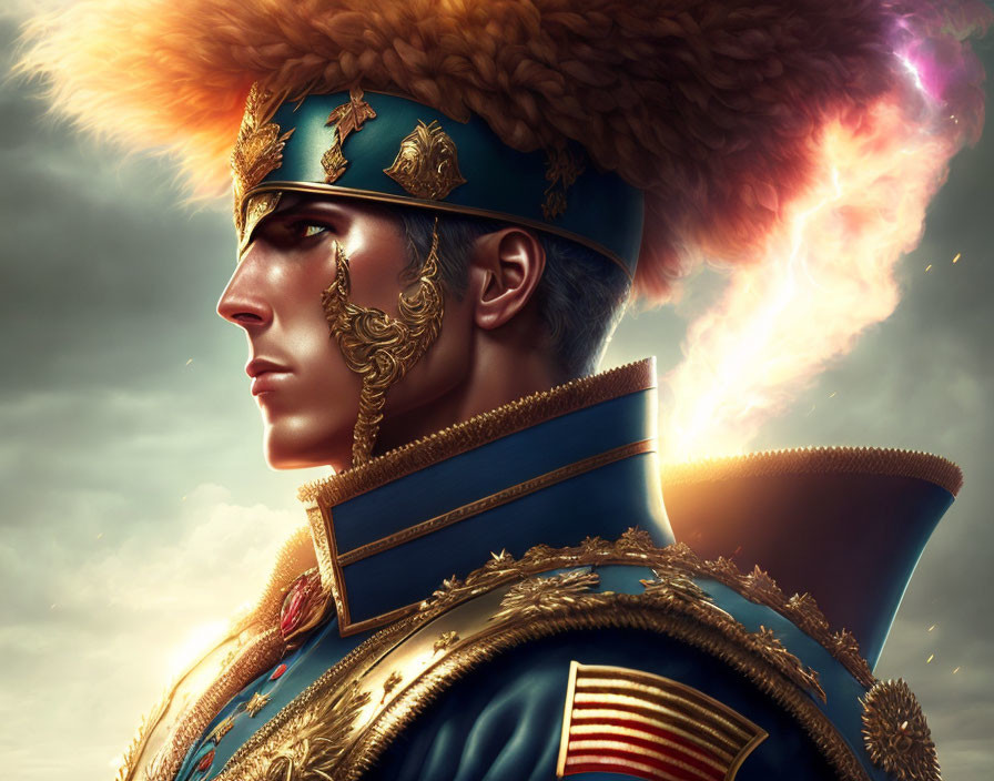 Regal person in military uniform with gold epaulettes and ornate hat against dramatic sky