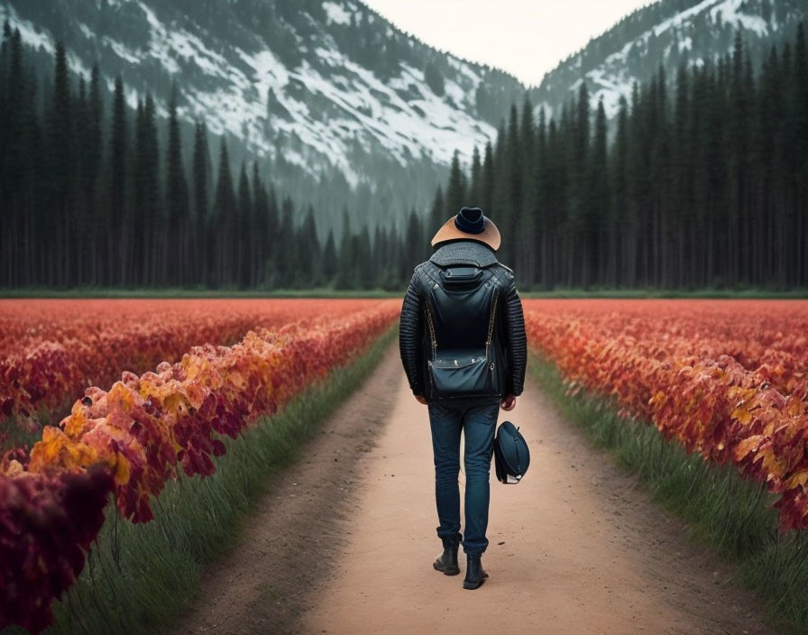 Person in leather jacket and hat walking among colorful bushes with snowy mountains in the distance