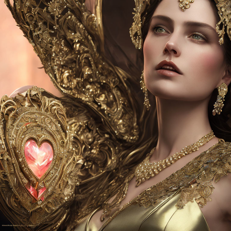 Fantastical woman with green eyes in ornate golden jewelry and heart-shaped gem dress