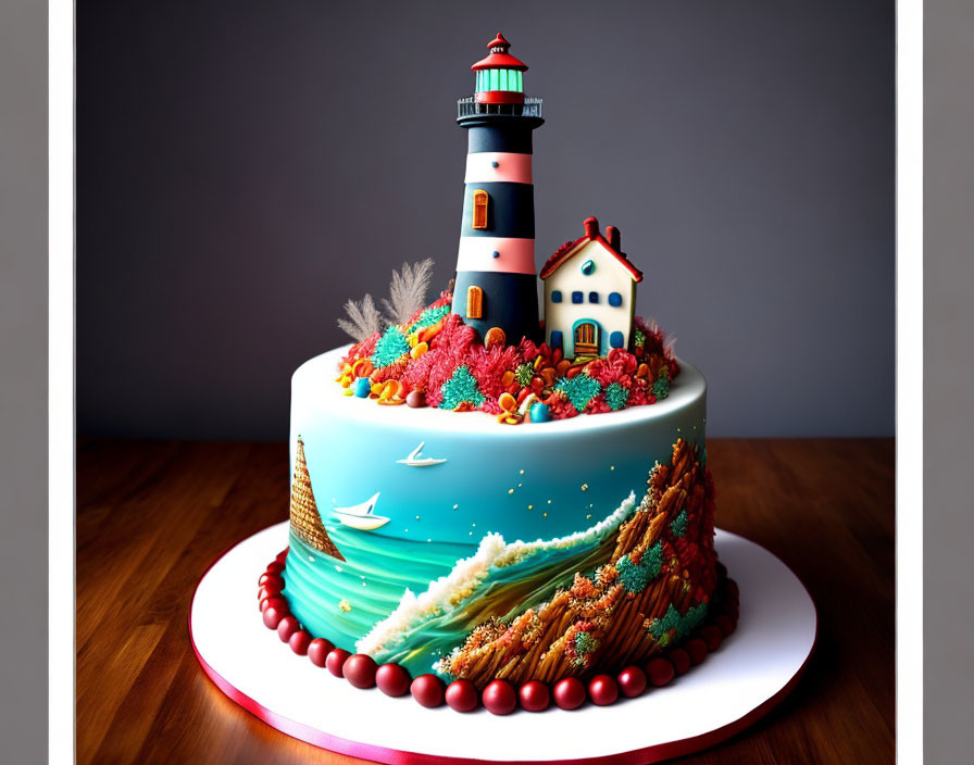 Seaside-themed multi-tiered cake with lighthouse and ocean waves