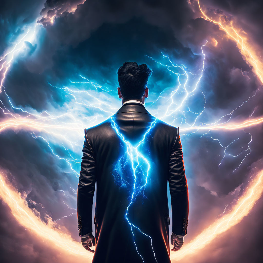 Man in suit surrounded by lightning in stormy sky