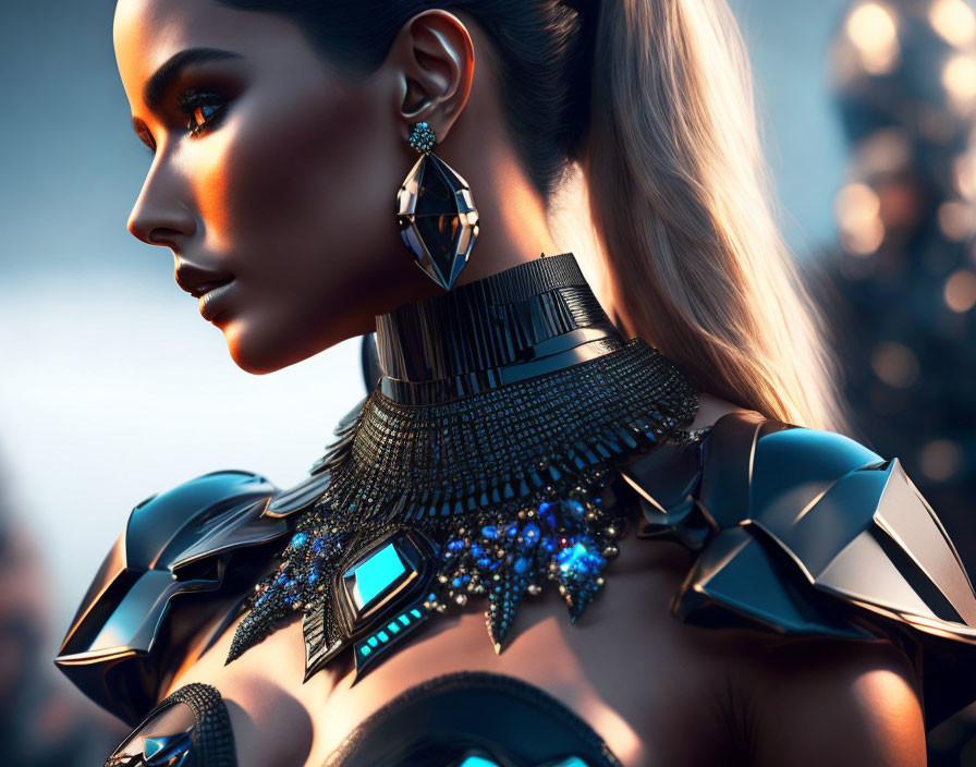 Futuristic woman in black collar and blue luminescent armor