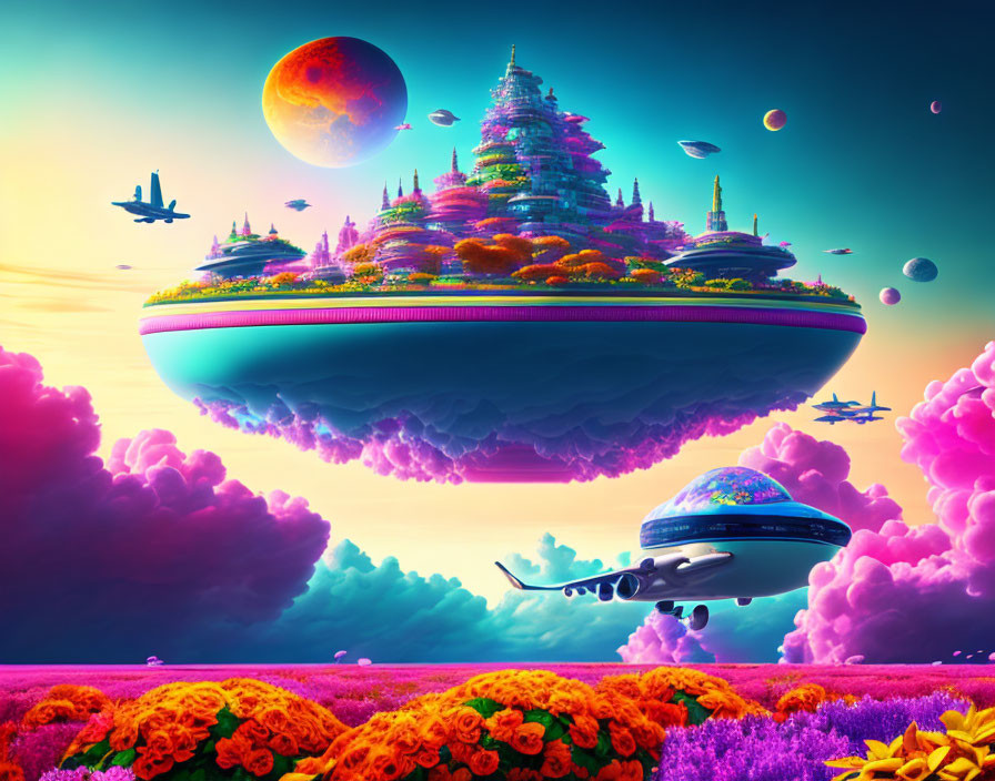 Colorful surreal landscape with floating city, planets, and spaceships