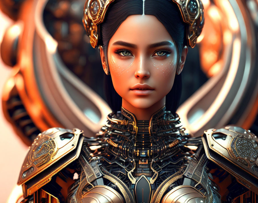 Digital Artwork: Female with Green Eyes, Gold Armor, Mechanical Background