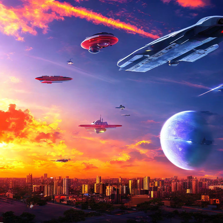 Futuristic sci-fi cityscape with flying ships and large planet in dramatic dusk sky