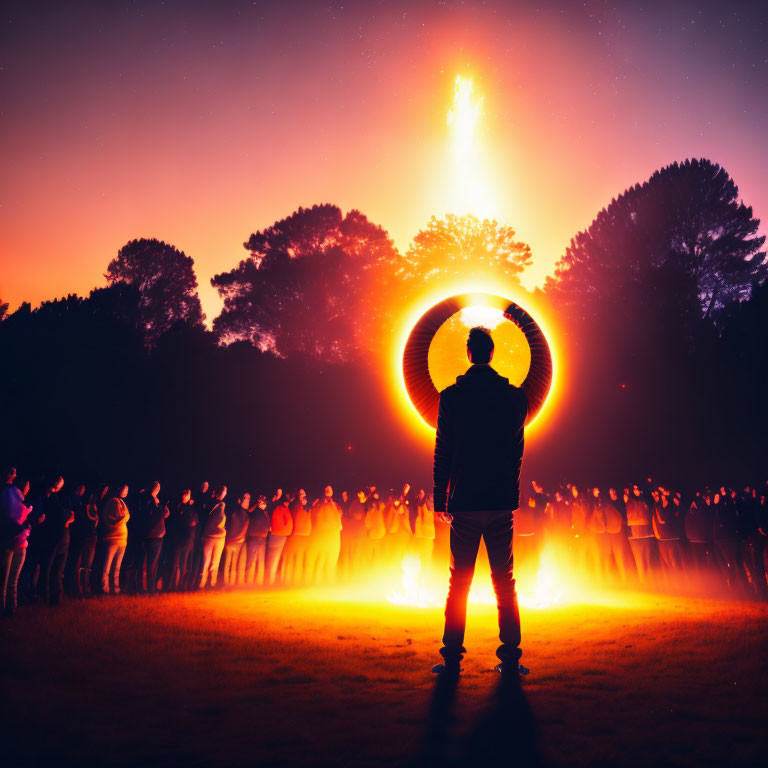 Person with glowing ring in front of crowd, fiery streak in night sky.