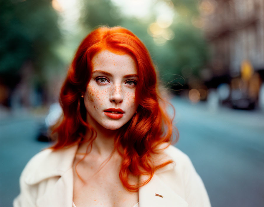 Red-haired woman with freckles in focus against city street backdrop