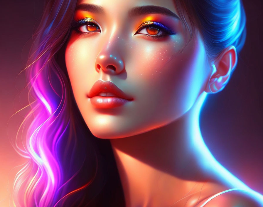 Colorful Makeup Woman with Radiant Skin and Purple Hair in Neon Glow