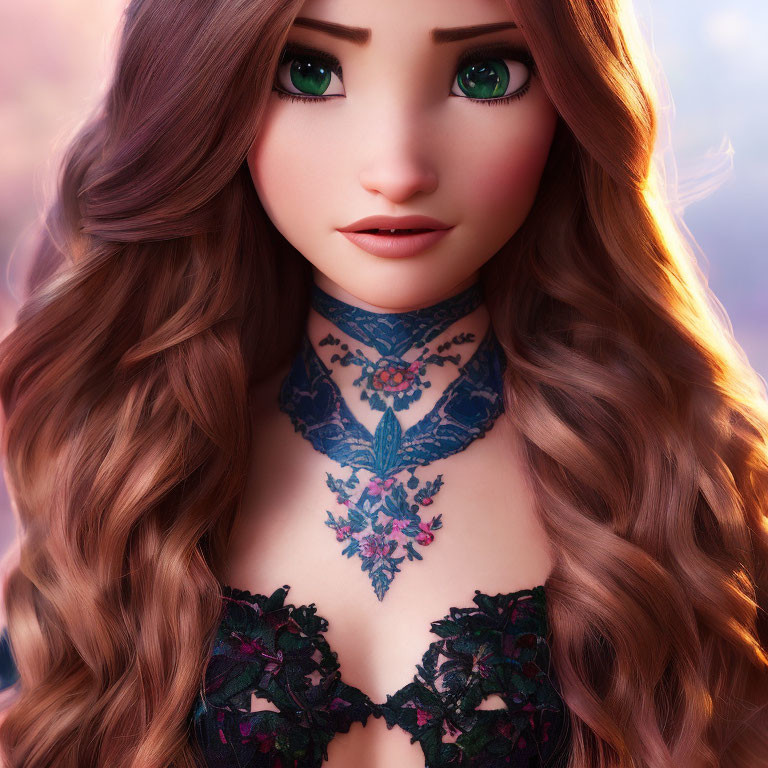 Detailed 3D-rendered female character with wavy brown hair and green eyes