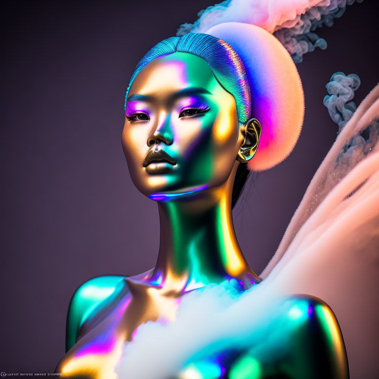 Futuristic 3D render of woman with iridescent skin and puff hairstyle