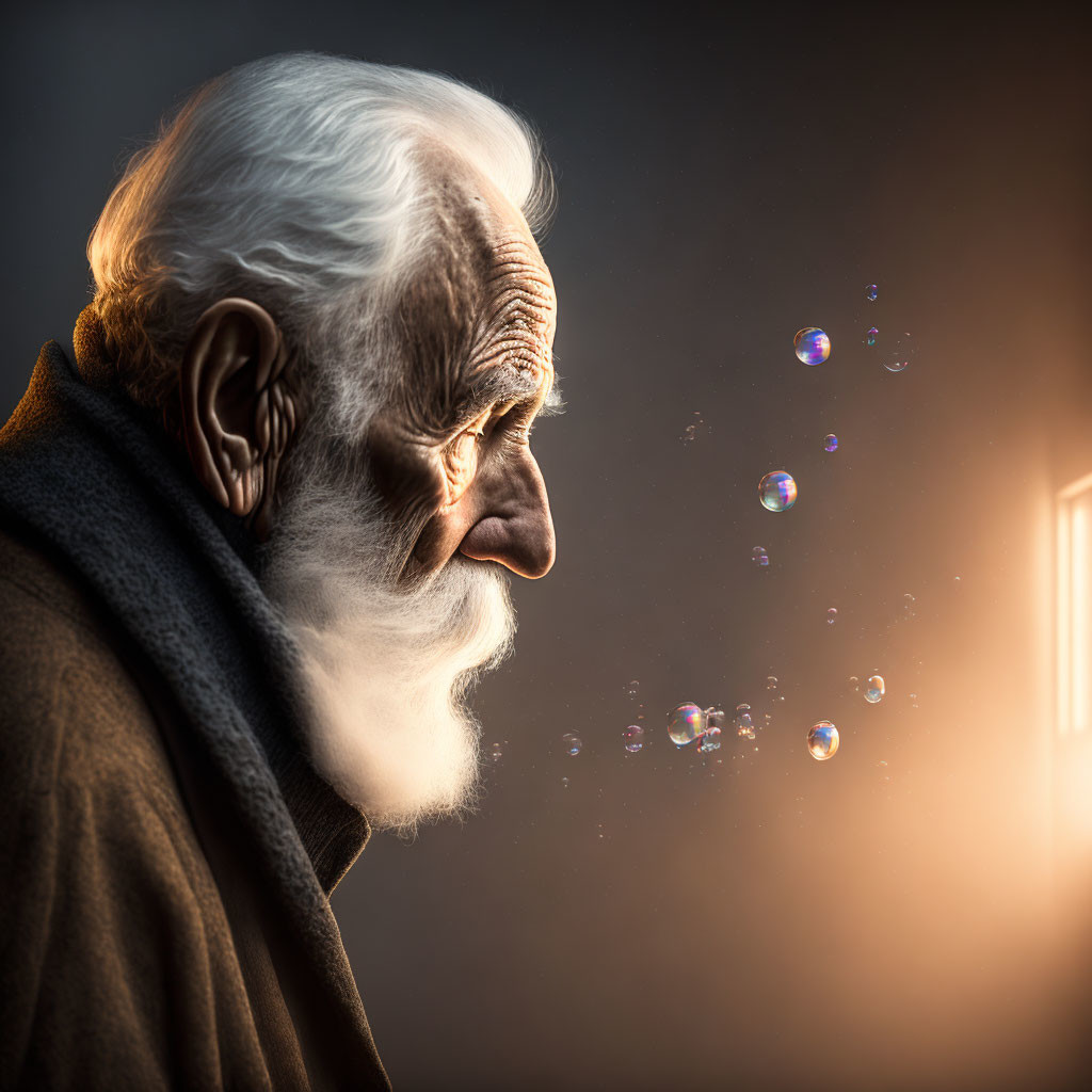 White-bearded elderly man gazes at light with floating bubbles.