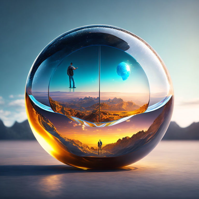 Surreal image of person in transparent sphere with day and night landscapes