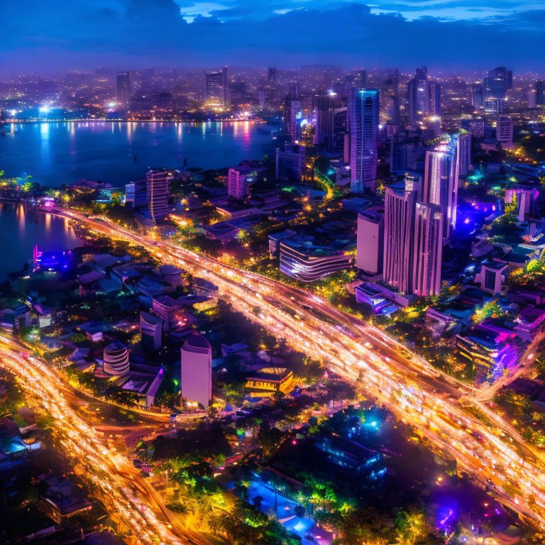 City skyline at twilight with illuminated skyscrapers and bustling highway beside river