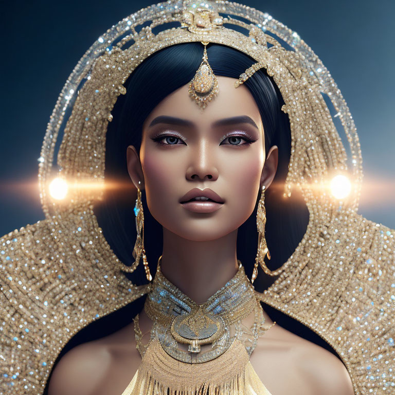 Elaborate Golden Jewelry Portrait Against Dark Background