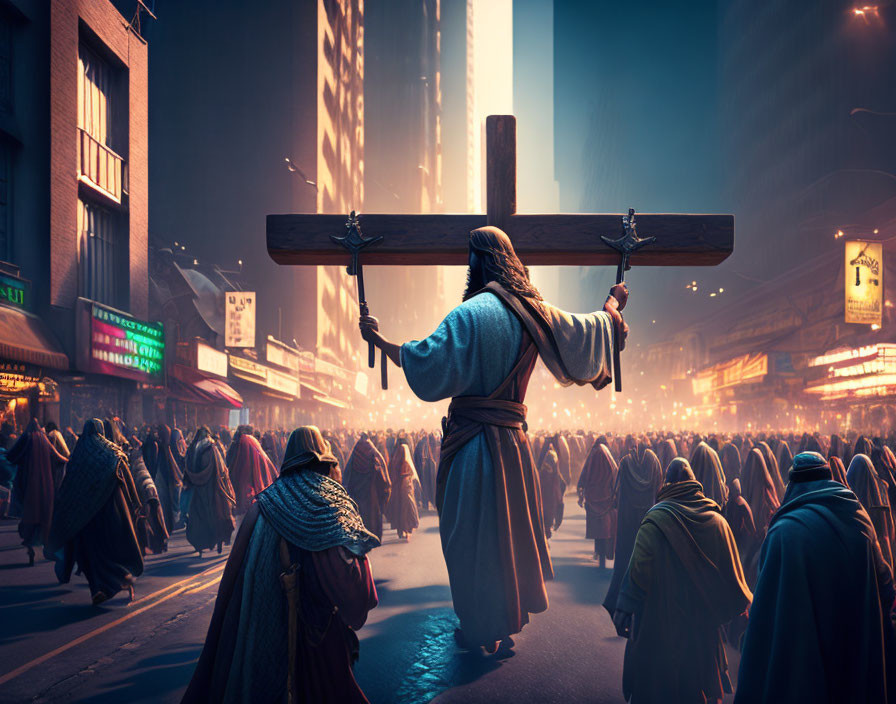 Man in Jesus costume carrying cross through city crowd with ethereal backdrop