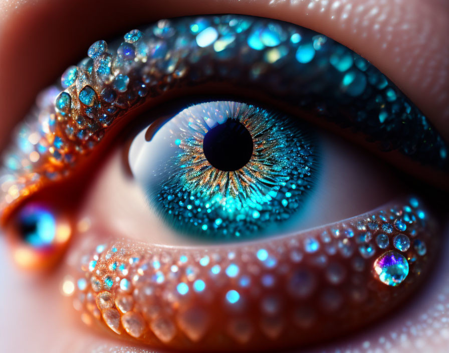 Detailed close-up of human eye with blue makeup and shimmering rhinestones