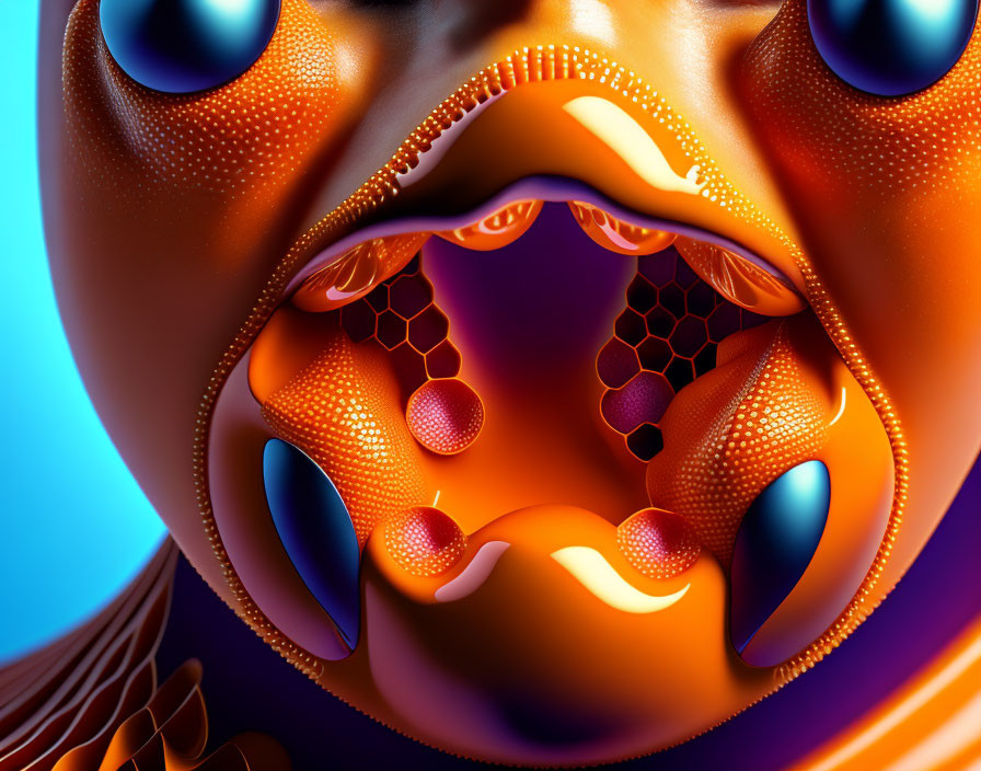 Abstract Digital Art: Stylized Face with Glossy Orange, Blue, and Honeycomb Textures