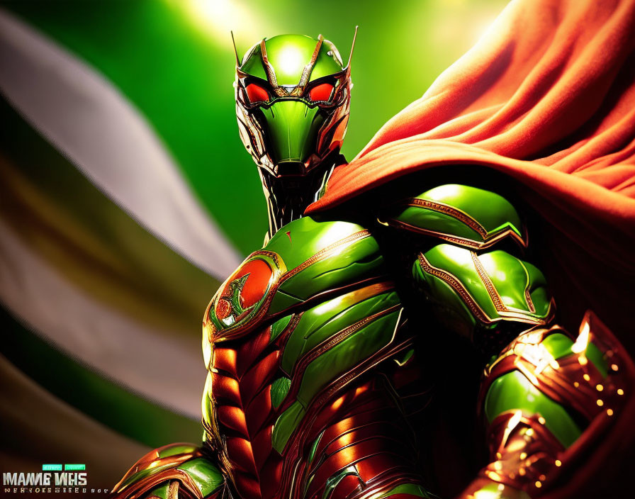 Detailed image of red and green armored character with metallic helmet and flowing red cape on striped background