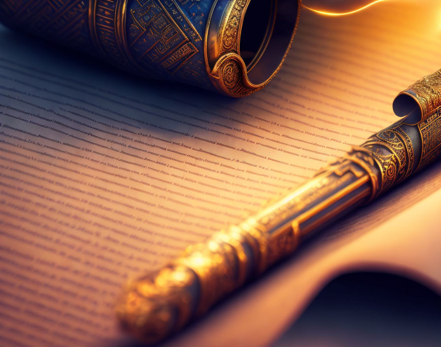 Antique pen, open book, ceramic cup in warm light