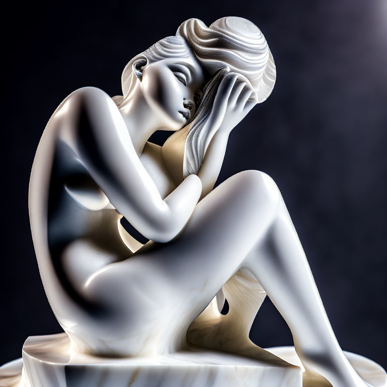 Seated woman statue with flowing hair in contemplative pose